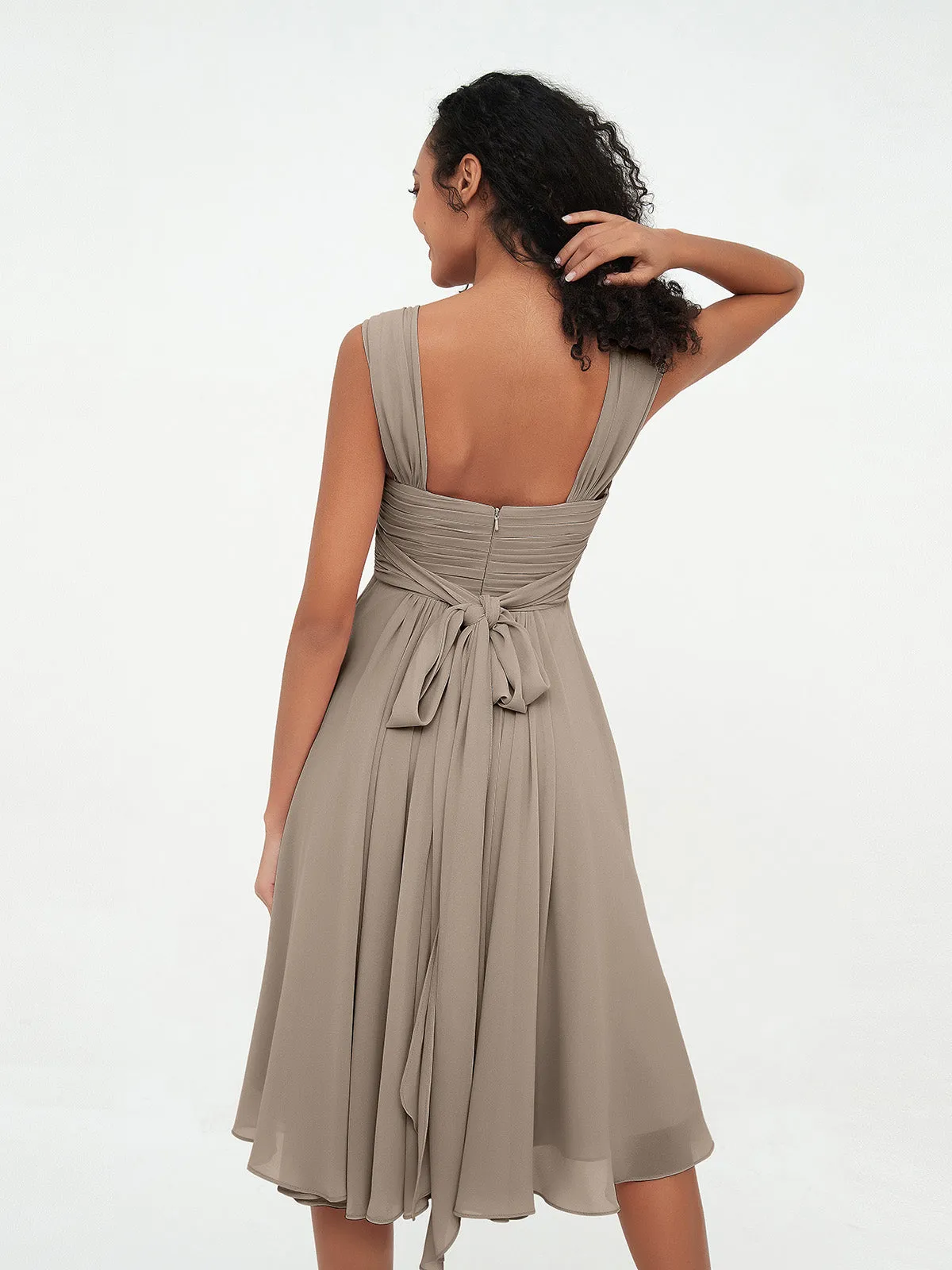 Chiffon Empire Short Dresses with Pockets-Taupe Plus Size
