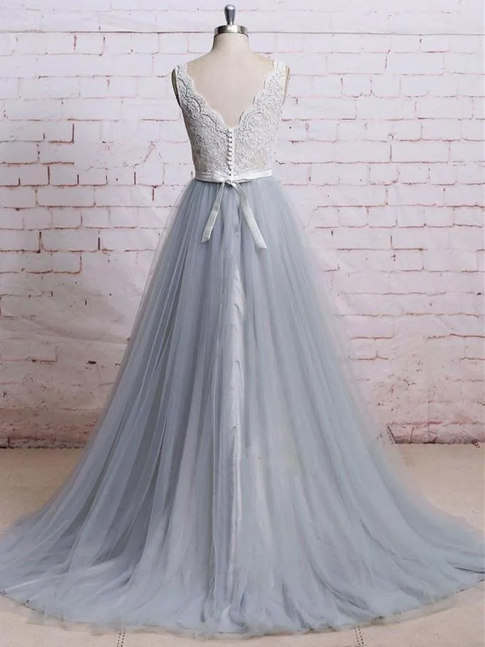Classy Gray V-neck Flowy Long Lace And Tulle Prom Dress,Evening Dress