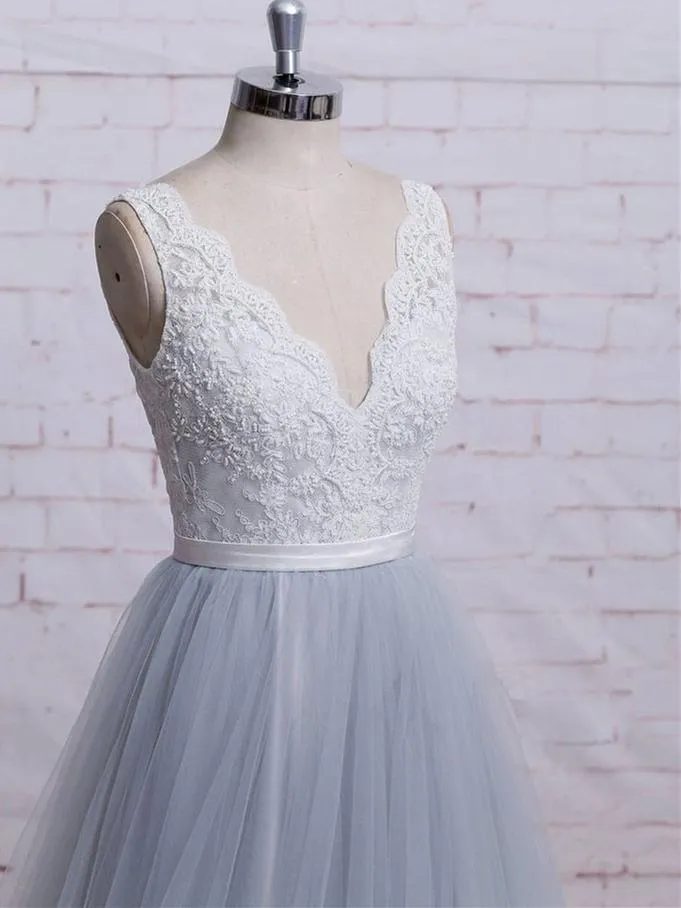 Classy Gray V-neck Flowy Long Lace And Tulle Prom Dress,Evening Dress