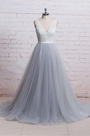 Classy Gray V-neck Flowy Long Lace And Tulle Prom Dress,Evening Dress