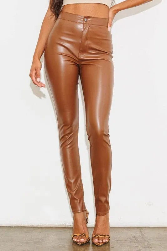 Cool Factor Cognac Vegan Leather High Waist Skinny Pants