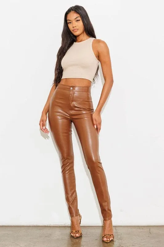 Cool Factor Cognac Vegan Leather High Waist Skinny Pants