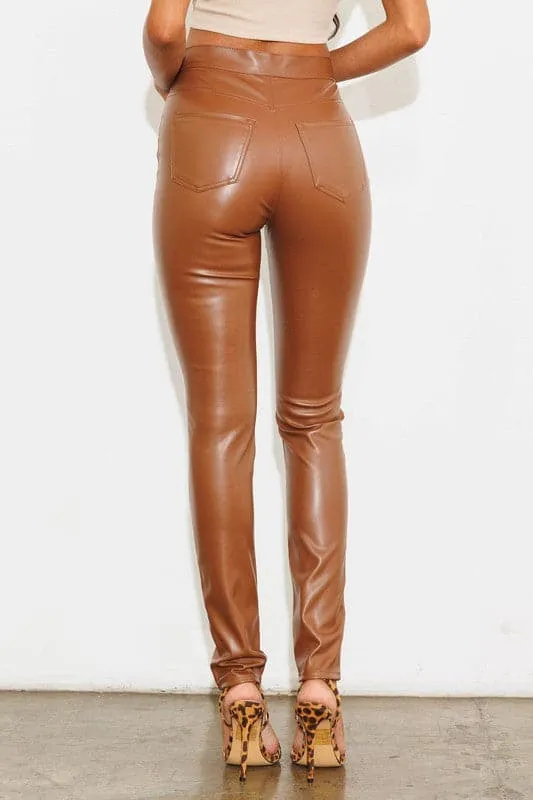Cool Factor Cognac Vegan Leather High Waist Skinny Pants