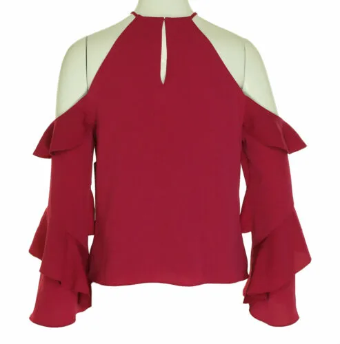 Cooper & Ella Women's Isadora Ruffled Cold Shoulder Top Raspberry Size Small