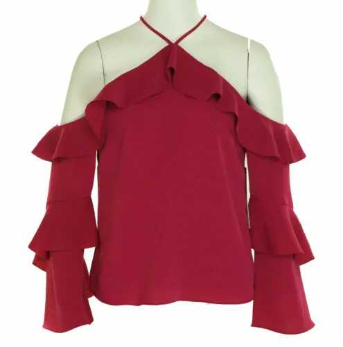 Cooper & Ella Women's Isadora Ruffled Cold Shoulder Top Raspberry Size Small