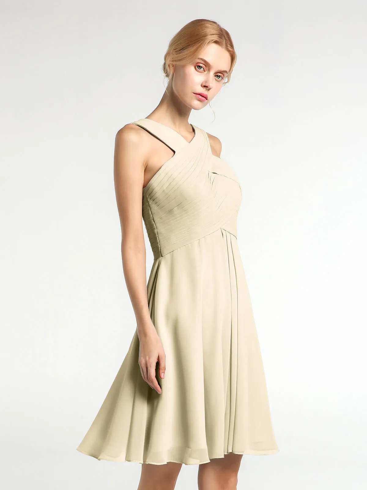 Cross Front Empire Waist Short Bridesmaid Dress Champagne