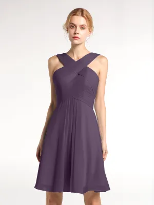 Cross Front Empire Waist Short Bridesmaid Dress Plum