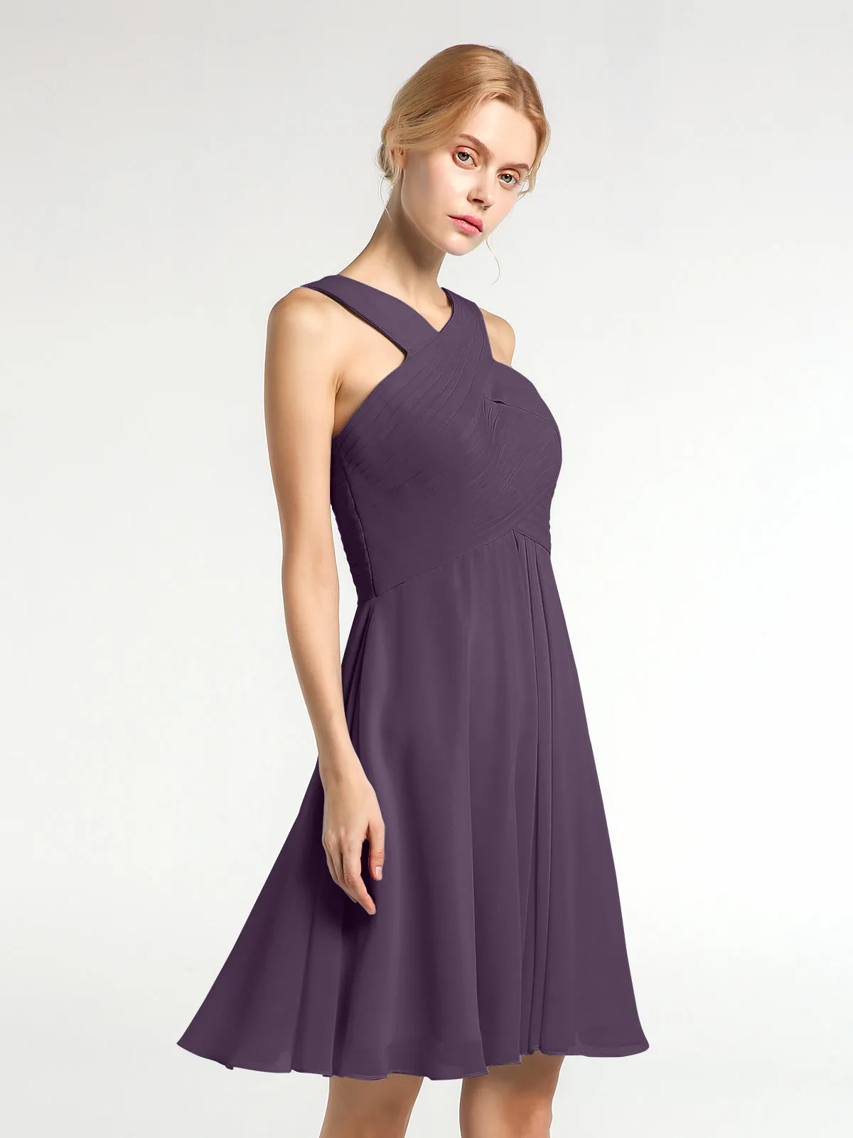 Cross Front Empire Waist Short Bridesmaid Dress Plum