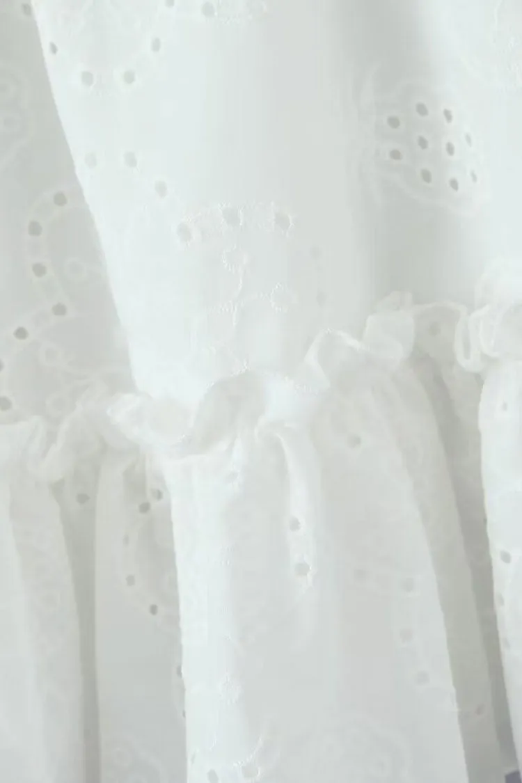 Cute Bow Off Ruffle Shoulder Blouson Sleeve Broderie Anglaise Mini Dress