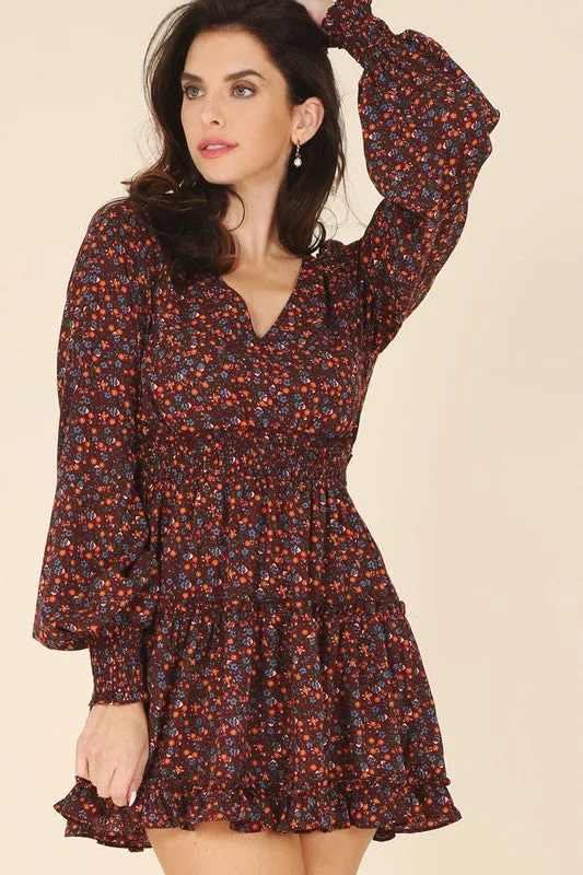 Ditsy Rust Floral Flirty Mini Dress