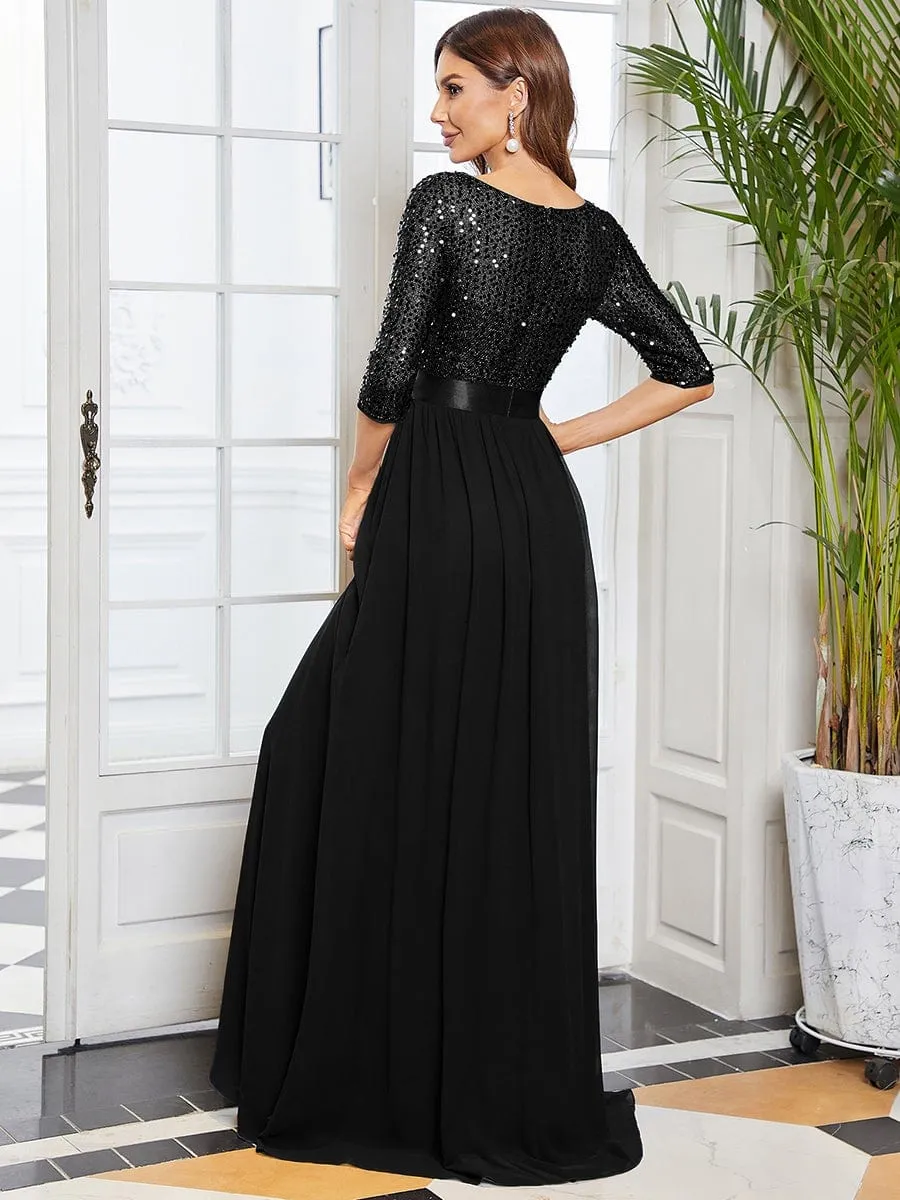 Elegant Round Neckline Sequins Floor Length Evening Dress