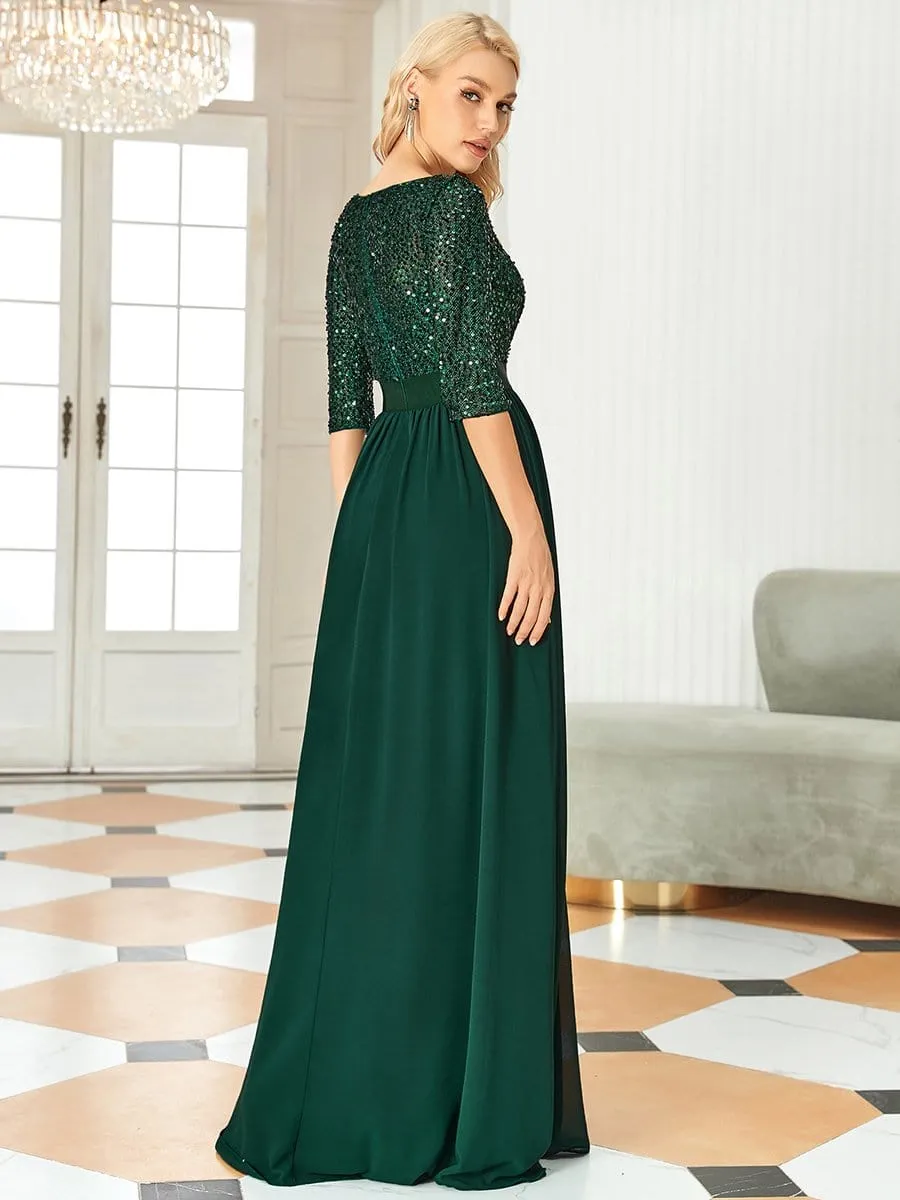 Elegant Round Neckline Sequins Floor Length Evening Dress