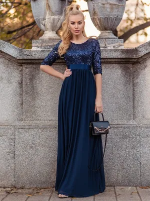 Elegant Round Neckline Sequins Floor Length Evening Dress