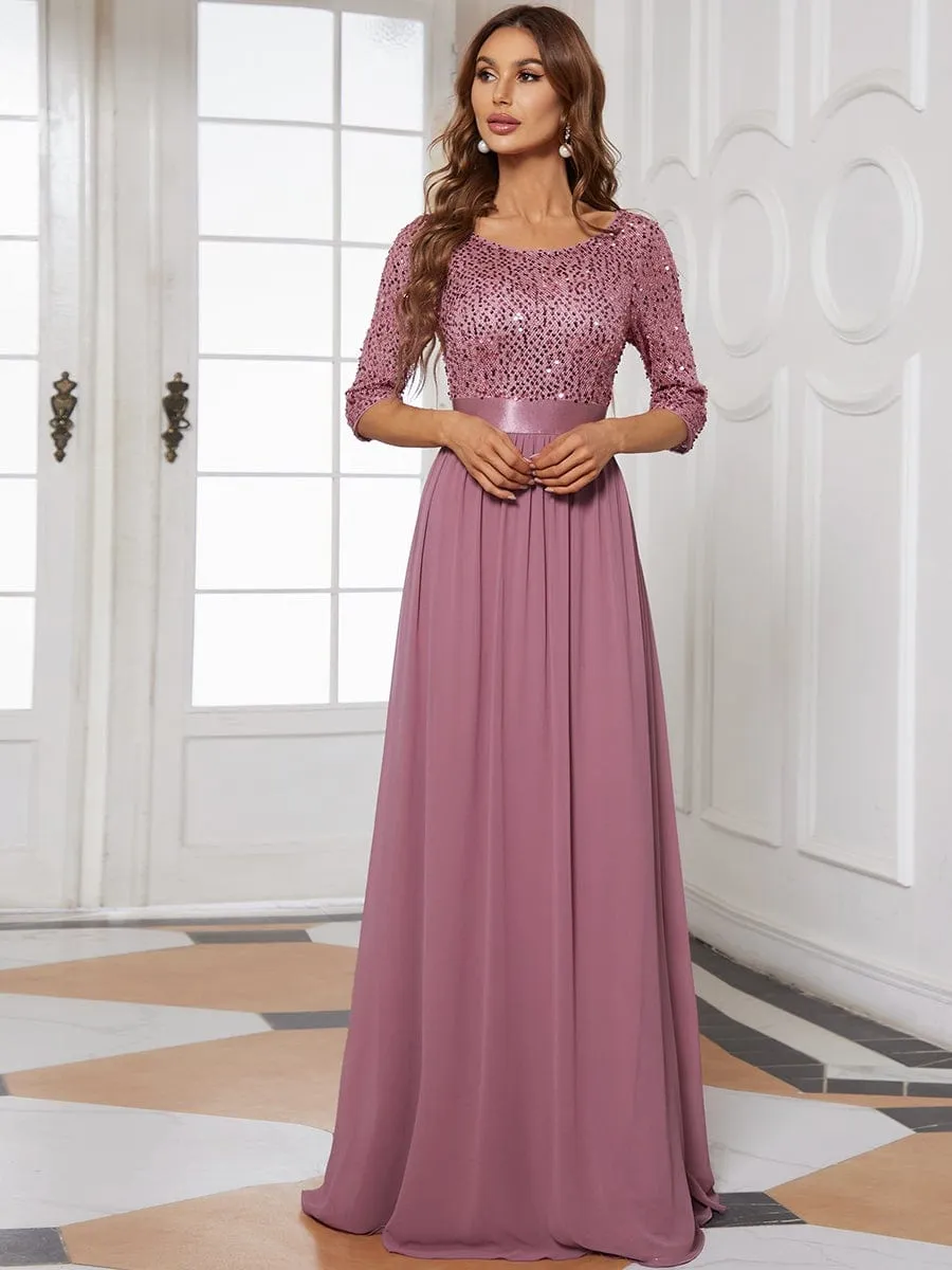 Elegant Round Neckline Sequins Floor Length Evening Dress