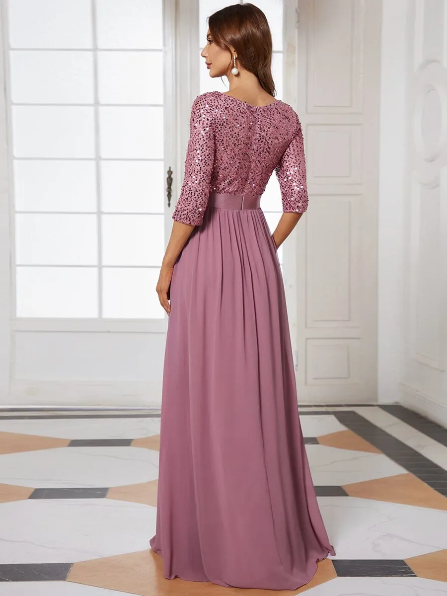Elegant Round Neckline Sequins Floor Length Evening Dress