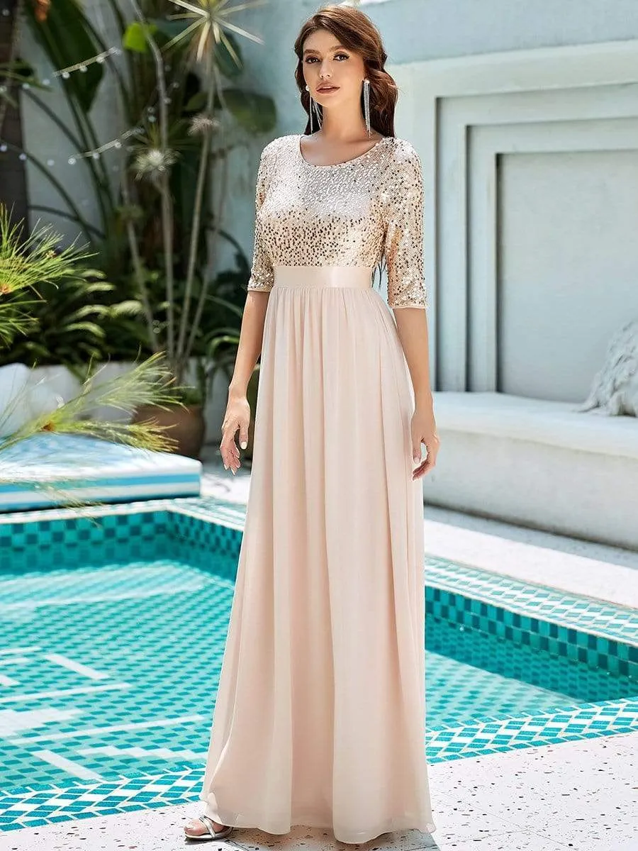 Elegant Round Neckline Sequins Floor Length Evening Dress