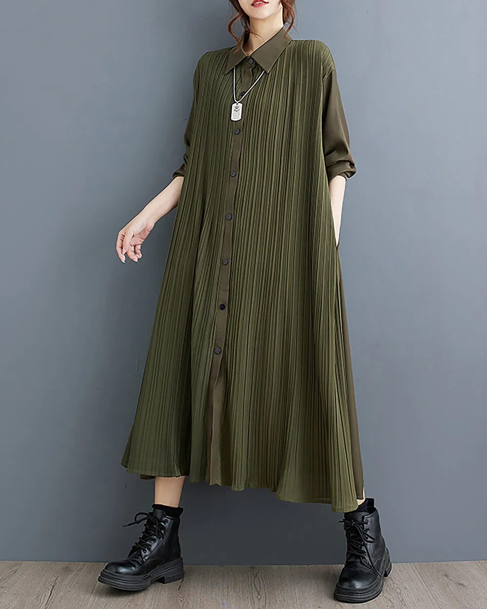 ellazhu Women's Dress Lapel Button Down Long Sleeve Flowy Hem Stripe Solid Color Loose Oversize Fall GZ282