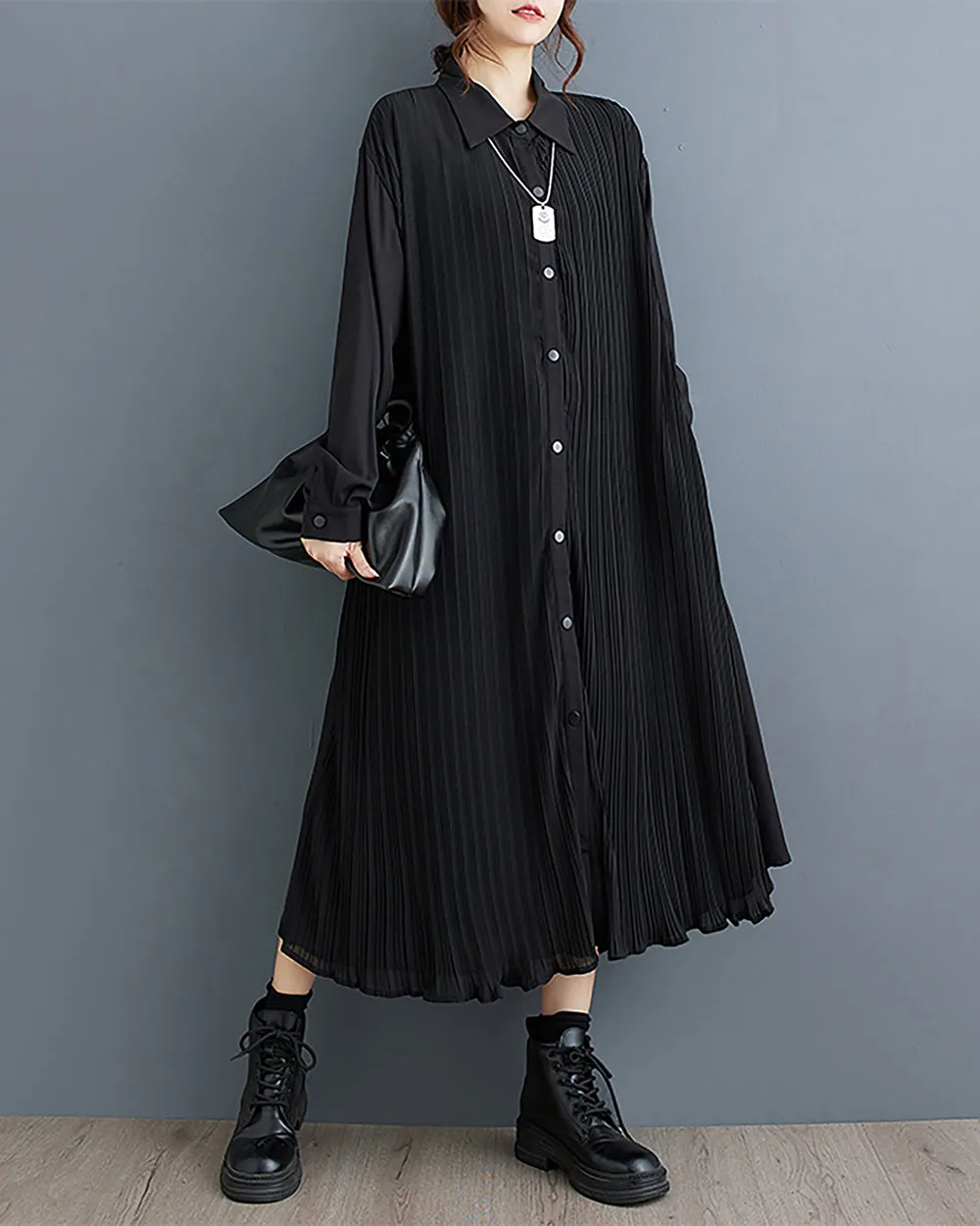 ellazhu Women's Dress Lapel Button Down Long Sleeve Flowy Hem Stripe Solid Color Loose Oversize Fall GZ282