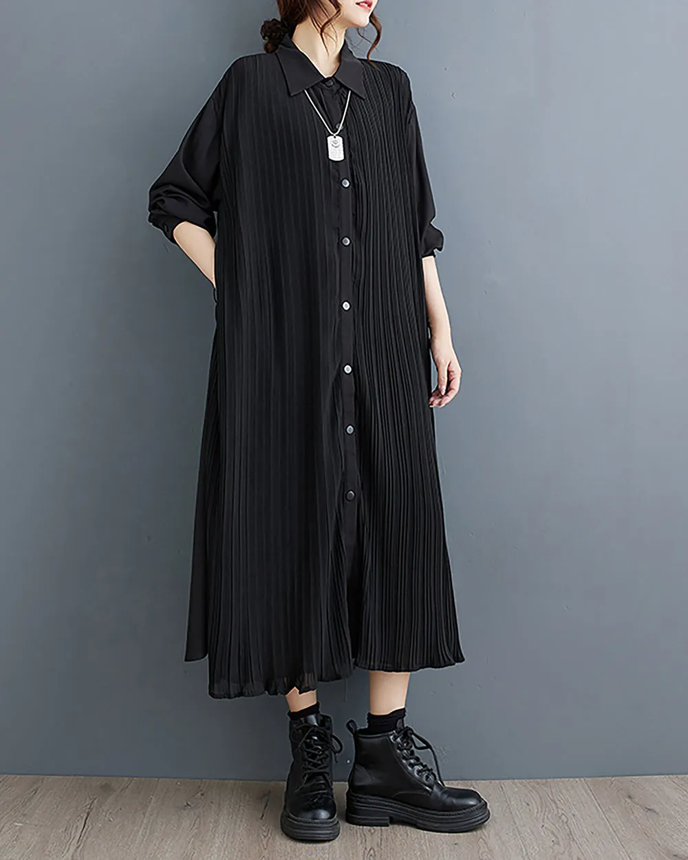 ellazhu Women's Dress Lapel Button Down Long Sleeve Flowy Hem Stripe Solid Color Loose Oversize Fall GZ282