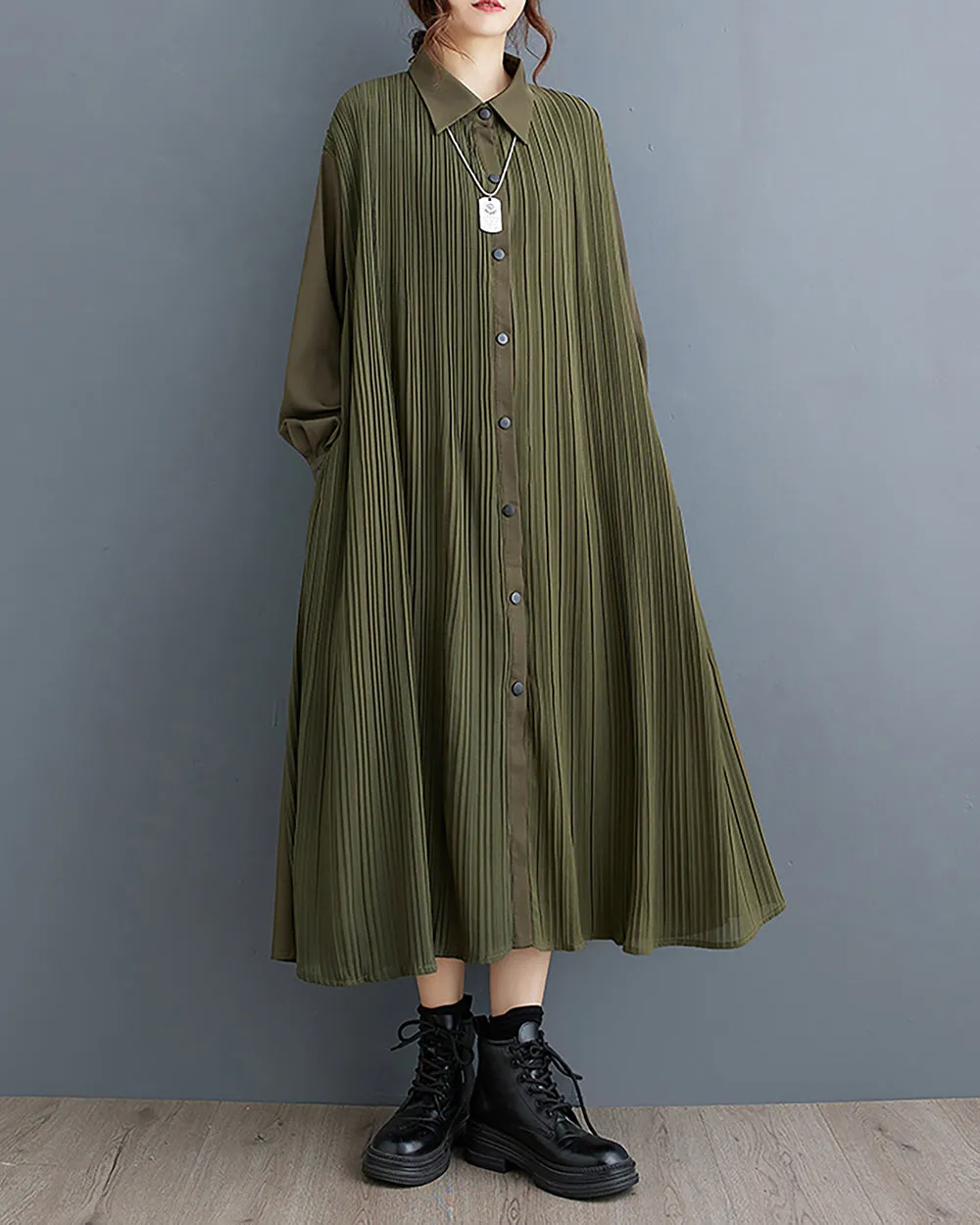 ellazhu Women's Dress Lapel Button Down Long Sleeve Flowy Hem Stripe Solid Color Loose Oversize Fall GZ282