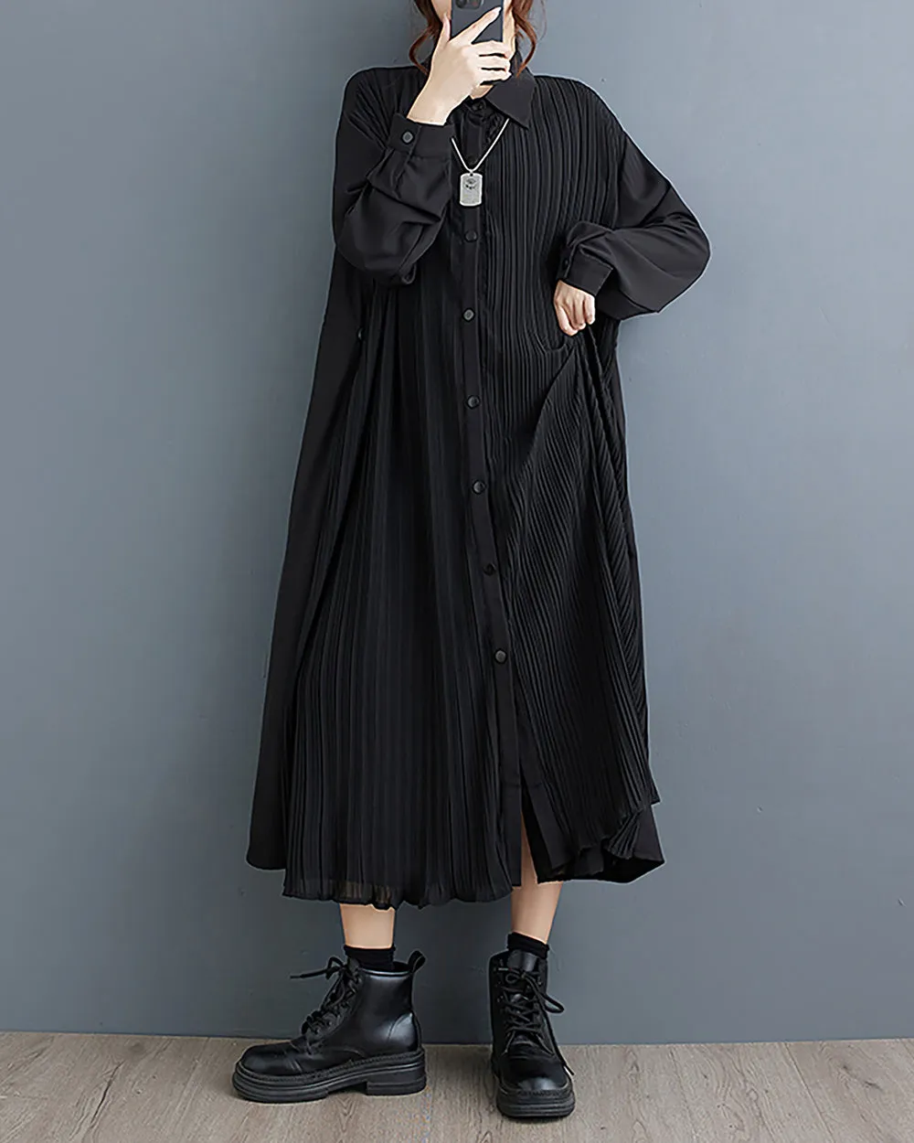 ellazhu Women's Dress Lapel Button Down Long Sleeve Flowy Hem Stripe Solid Color Loose Oversize Fall GZ282