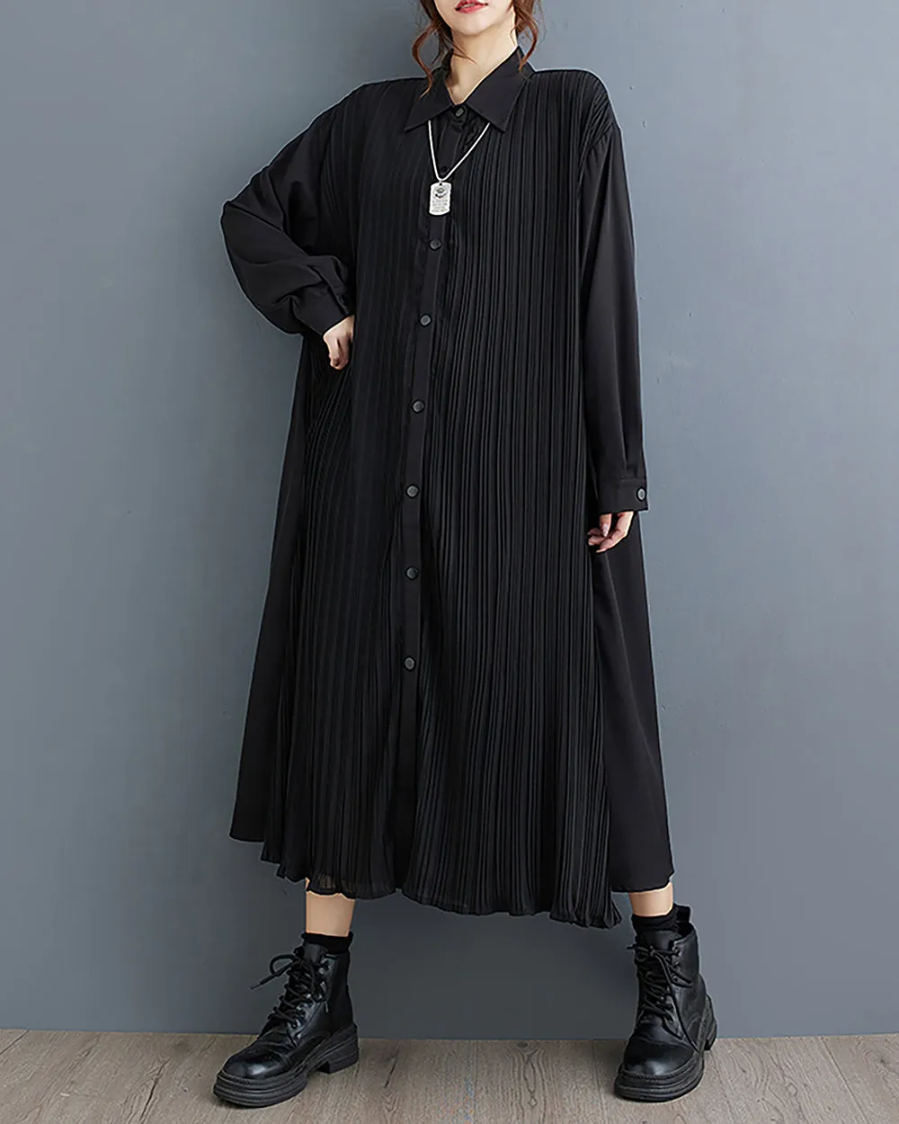 ellazhu Women's Dress Lapel Button Down Long Sleeve Flowy Hem Stripe Solid Color Loose Oversize Fall GZ282