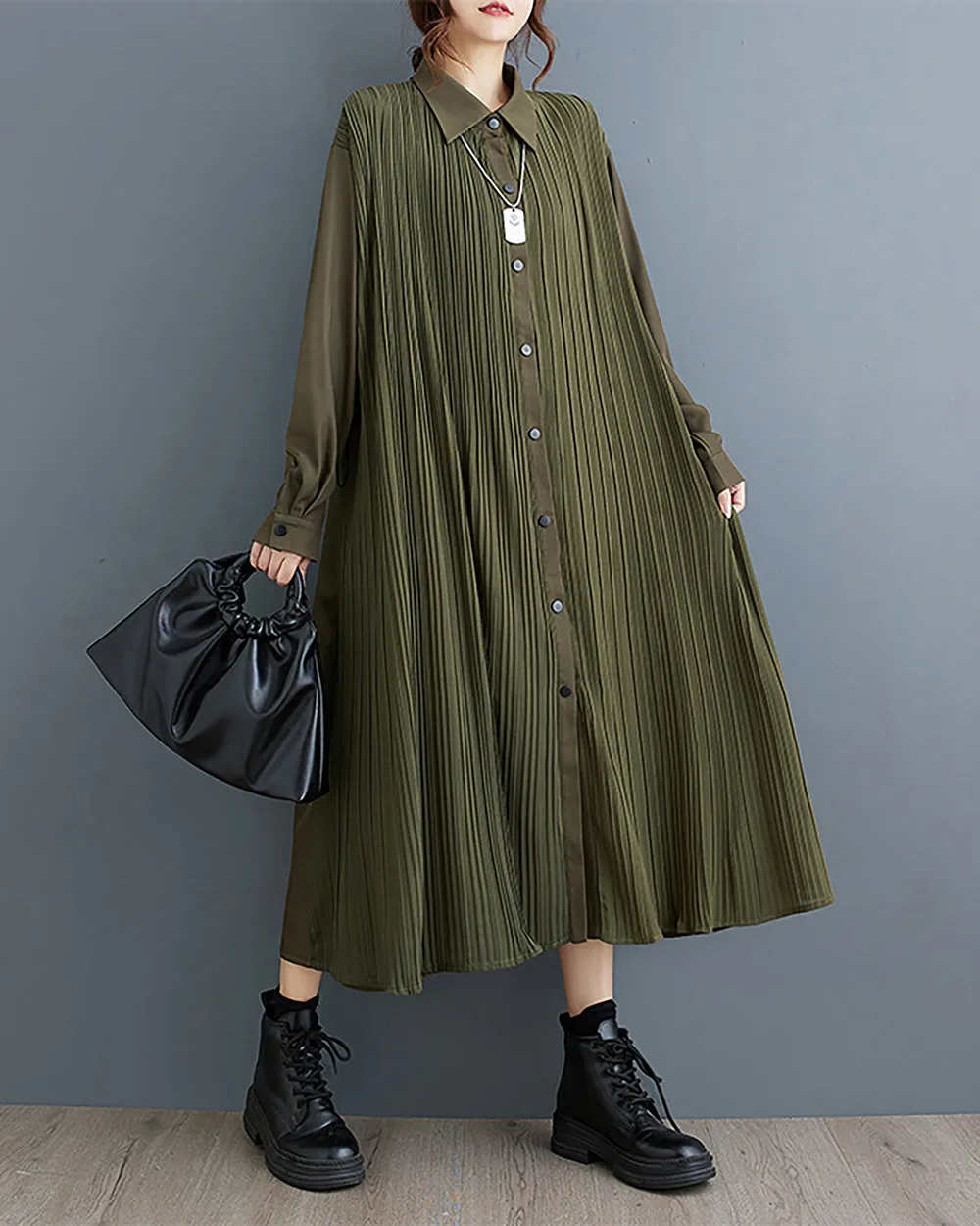 ellazhu Women's Dress Lapel Button Down Long Sleeve Flowy Hem Stripe Solid Color Loose Oversize Fall GZ282