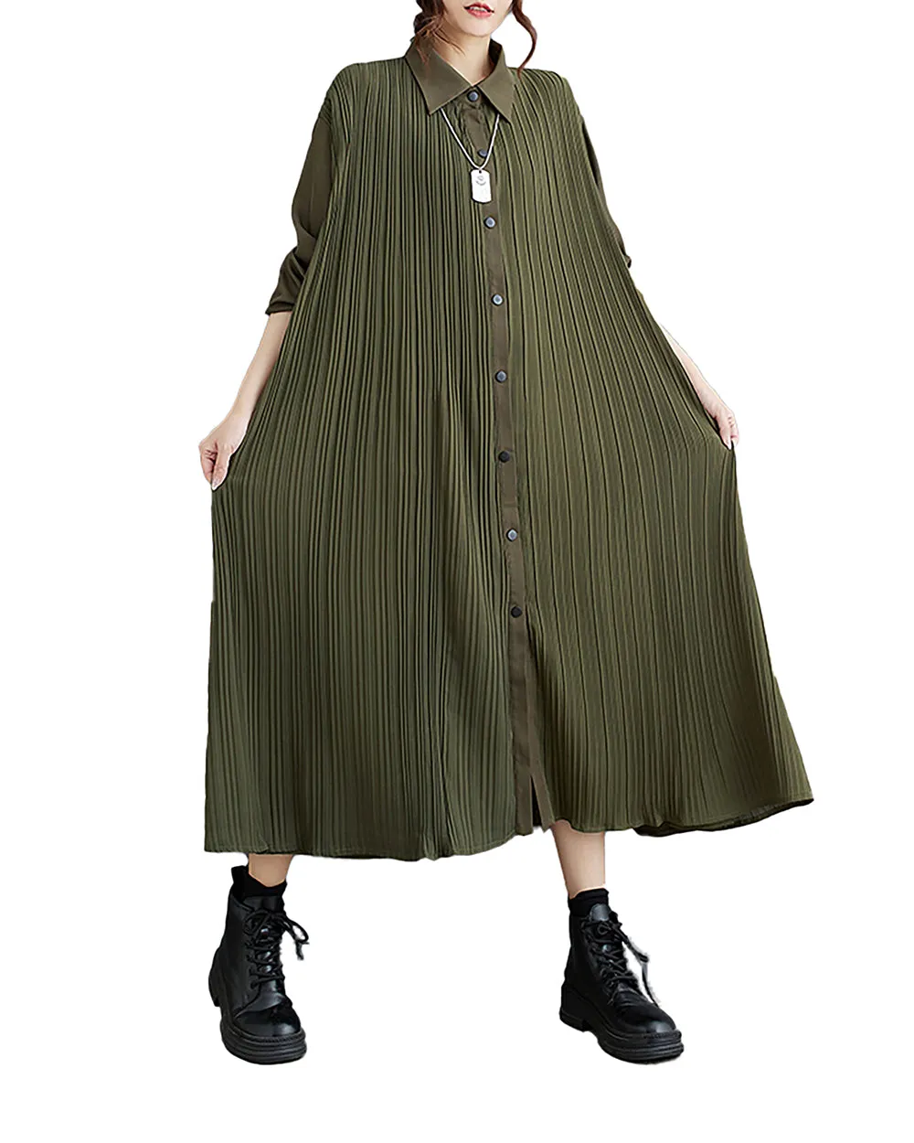 ellazhu Women's Dress Lapel Button Down Long Sleeve Flowy Hem Stripe Solid Color Loose Oversize Fall GZ282