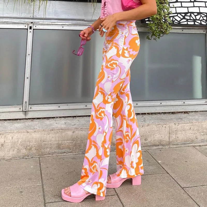 Europe Women Trendy Street Style Printed Flare Leg Pants