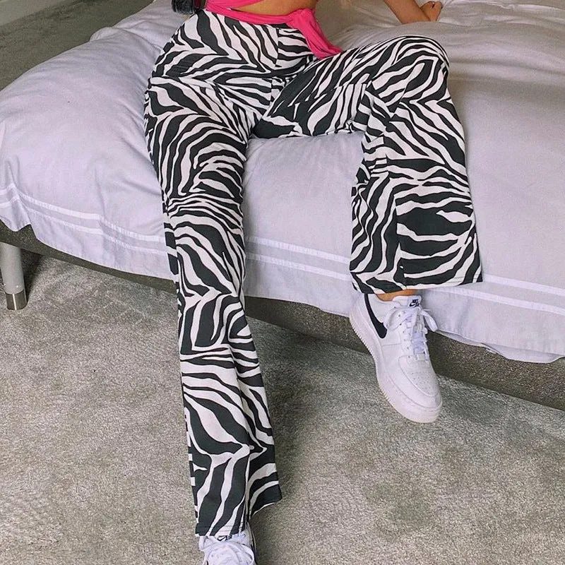 Europe Women Trendy Street Style Printed Flare Leg Pants