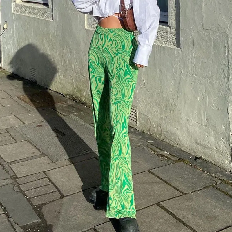 Europe Women Trendy Street Style Printed Flare Leg Pants