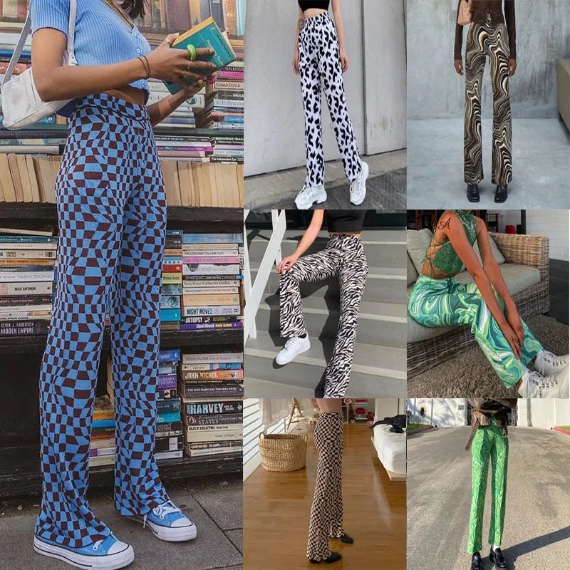 Europe Women Trendy Street Style Printed Flare Leg Pants