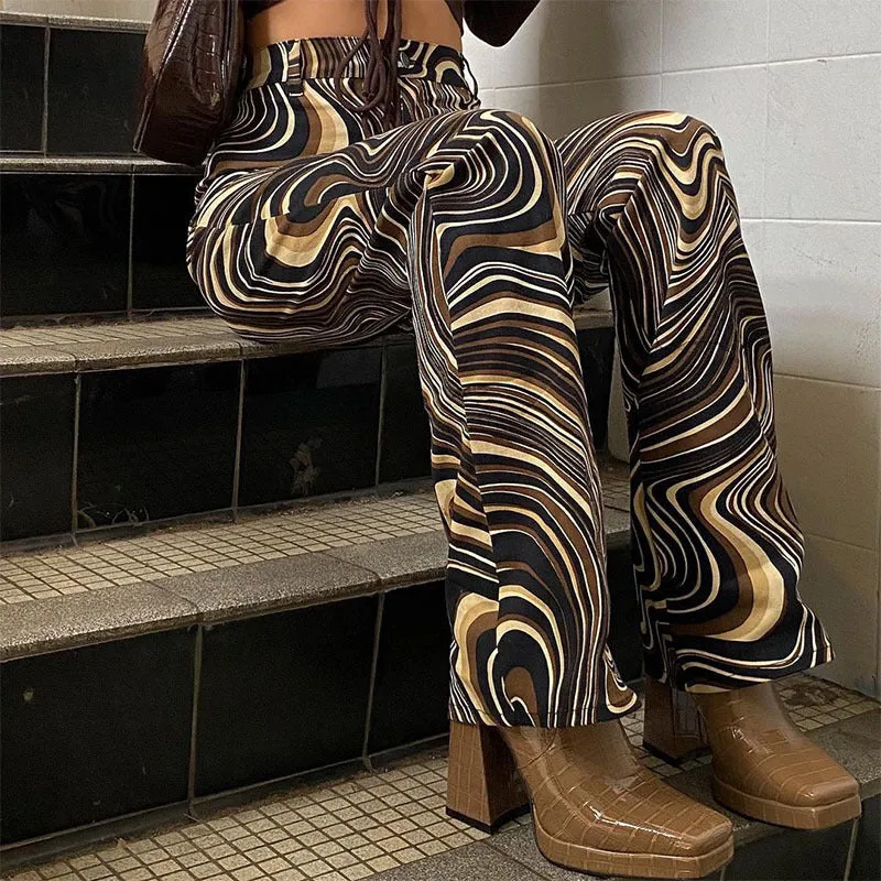 Europe Women Trendy Street Style Printed Flare Leg Pants