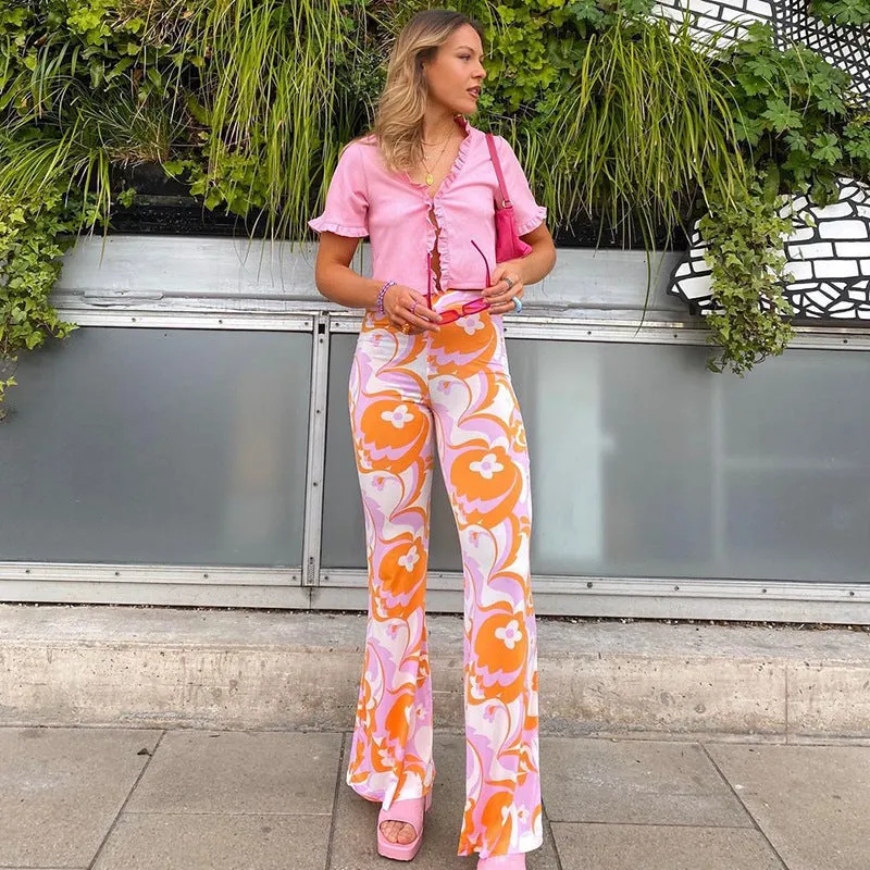 Europe Women Trendy Street Style Printed Flare Leg Pants