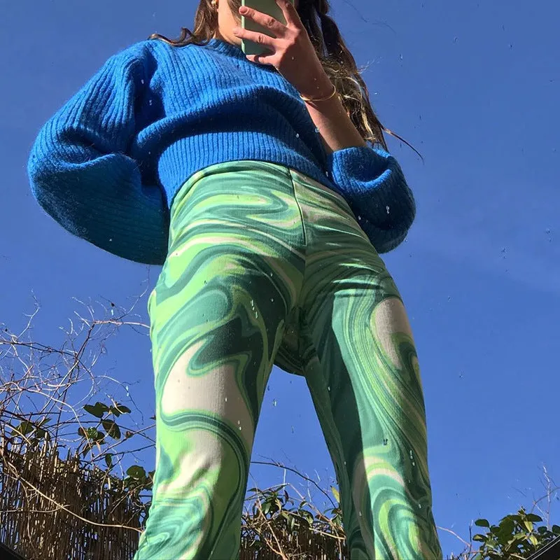 Europe Women Trendy Street Style Printed Flare Leg Pants