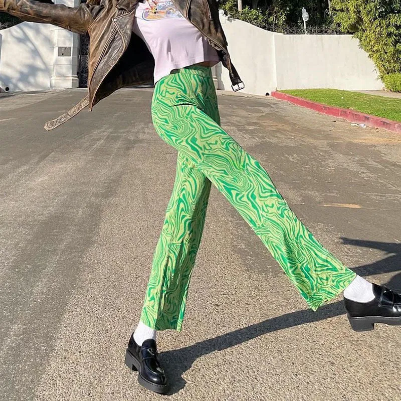Europe Women Trendy Street Style Printed Flare Leg Pants