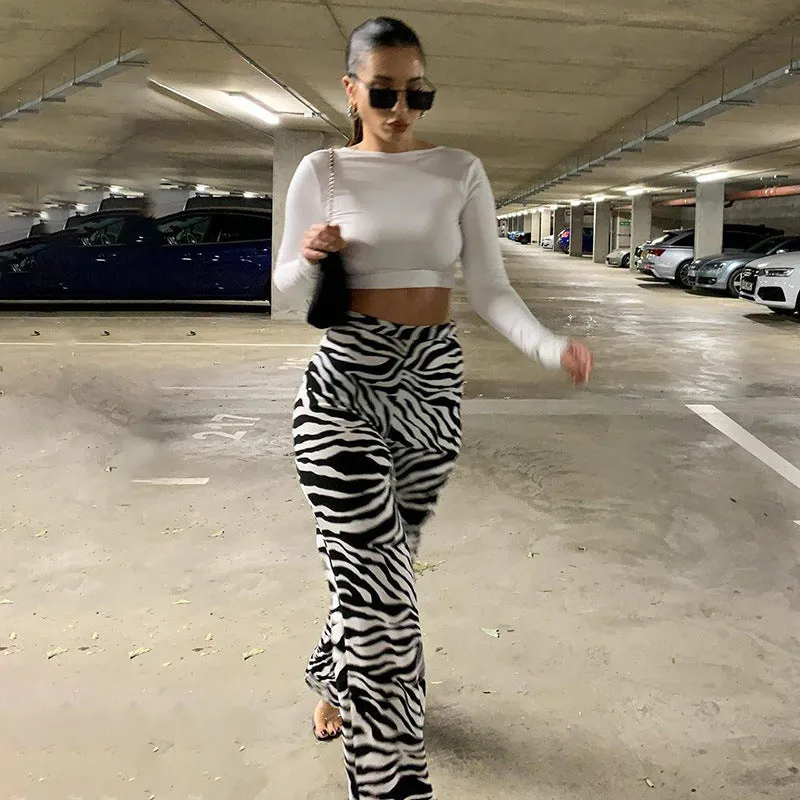 Europe Women Trendy Street Style Printed Flare Leg Pants