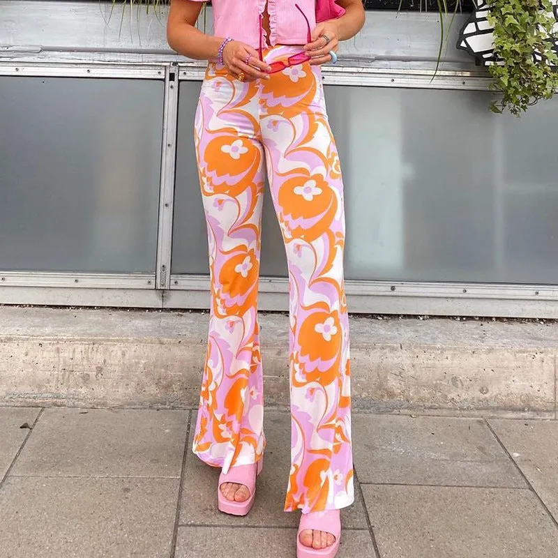 Europe Women Trendy Street Style Printed Flare Leg Pants