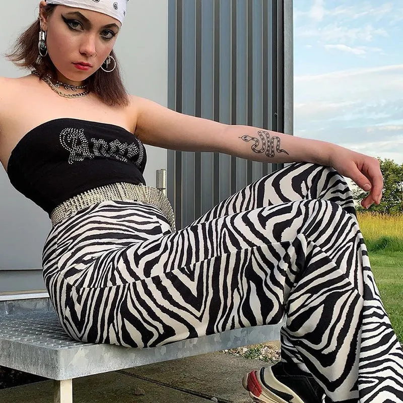 Europe Women Trendy Street Style Printed Flare Leg Pants