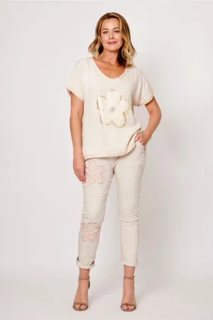 Flower Elastane Pants- Beige