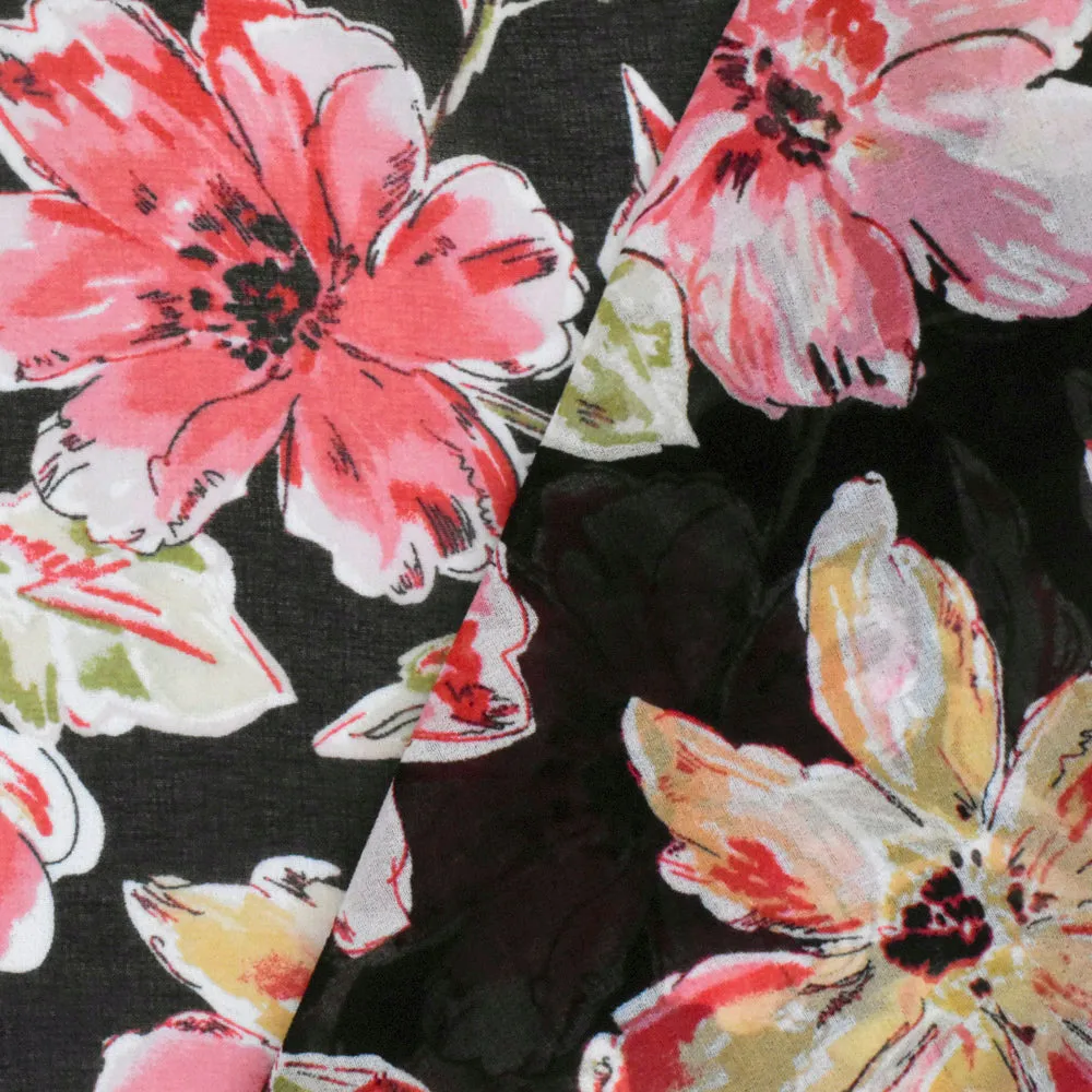 Flower Pink-Black-Multi Floral Printed Polyester Chiffon Woven Fabric