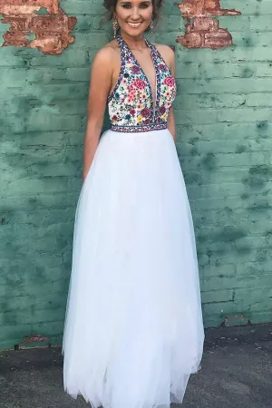 Flowy White A-line Deep V-neck Halter Long Open Back Prom Dress