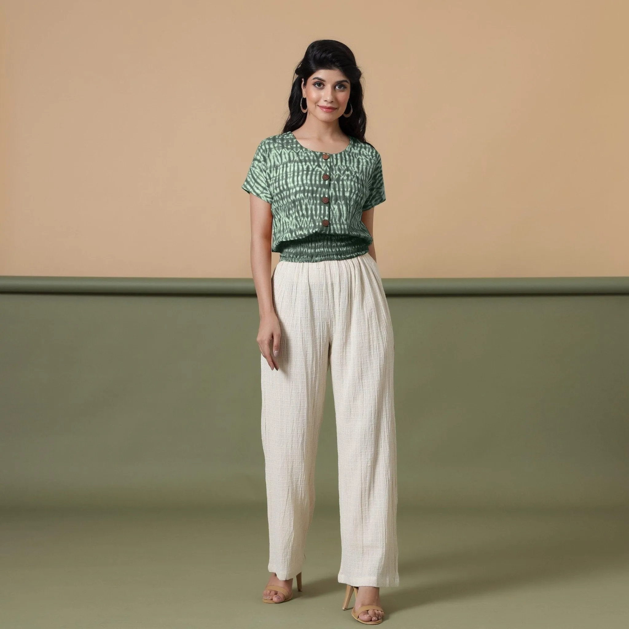 Forest Green Shibori Tie-Dye Cotton Blouson Top