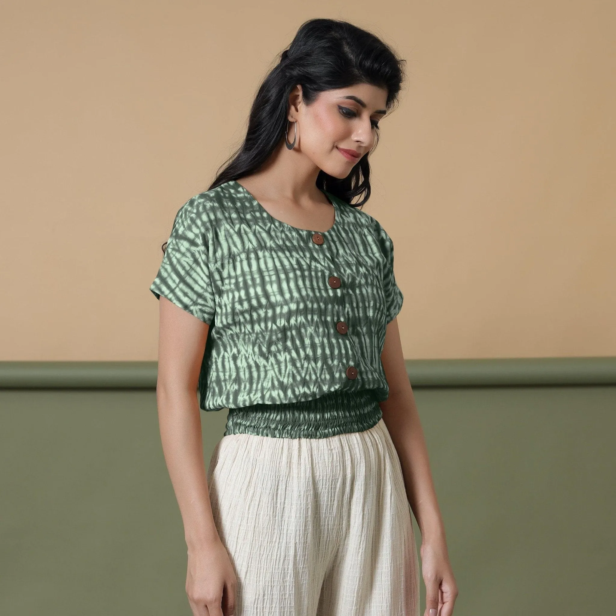 Forest Green Shibori Tie-Dye Cotton Blouson Top