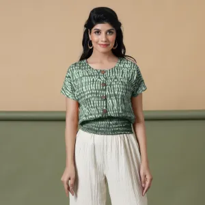 Forest Green Shibori Tie-Dye Cotton Blouson Top