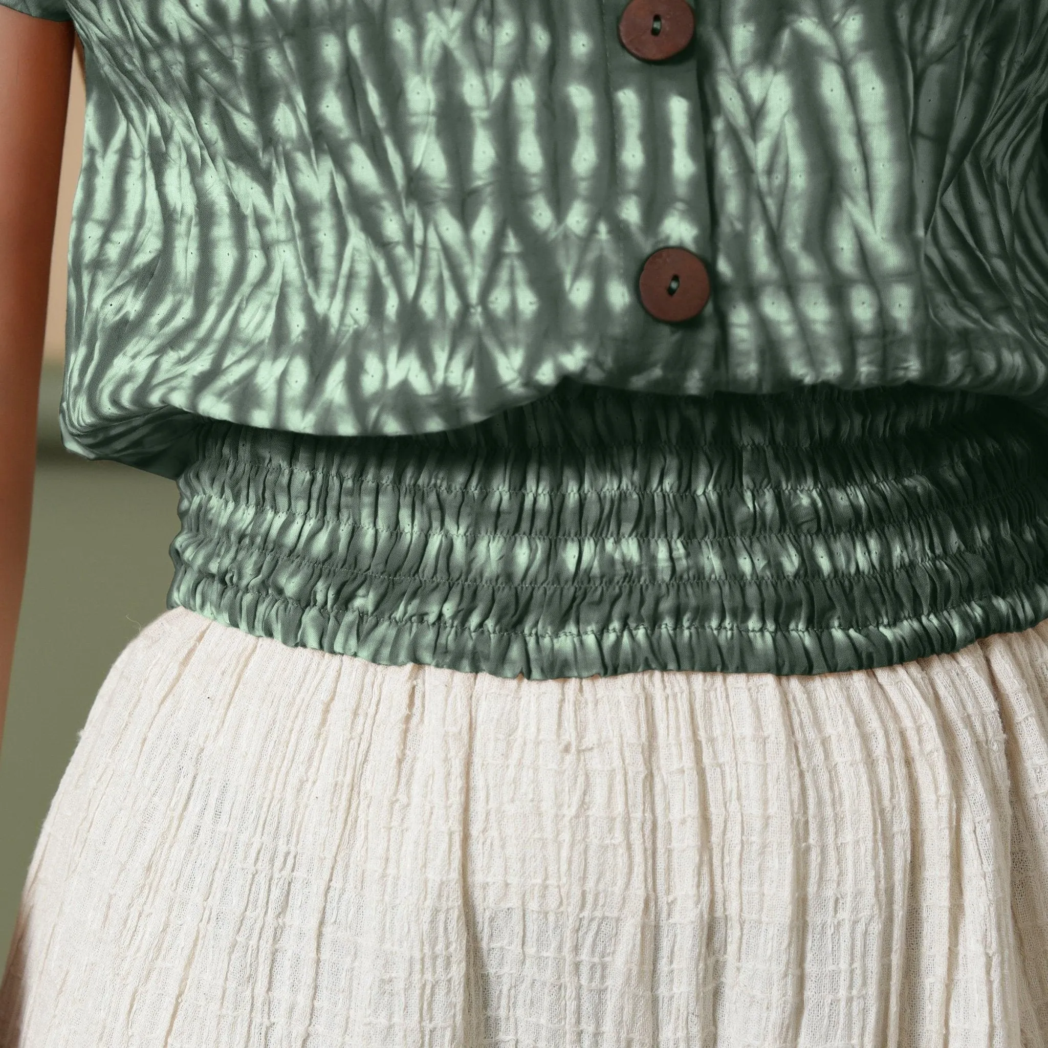 Forest Green Shibori Tie-Dye Cotton Blouson Top