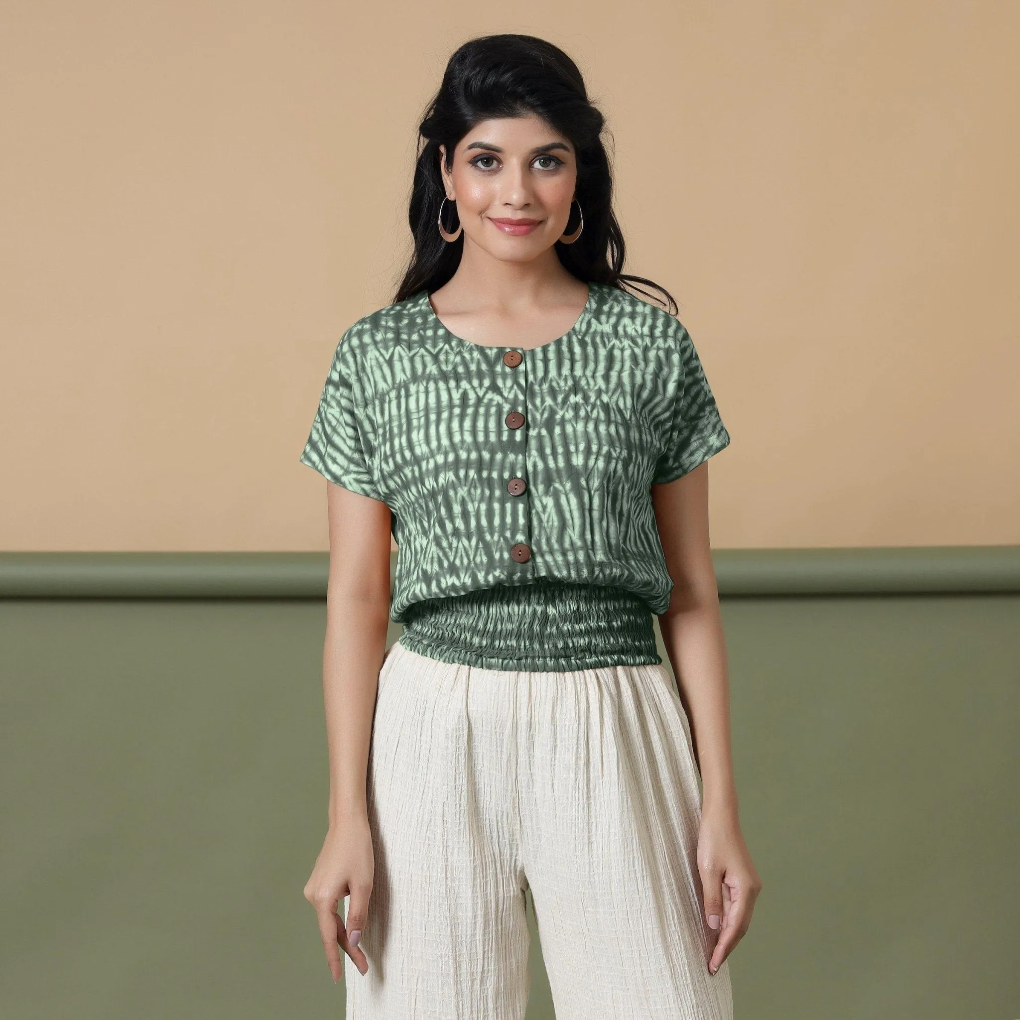 Forest Green Shibori Tie-Dye Cotton Blouson Top