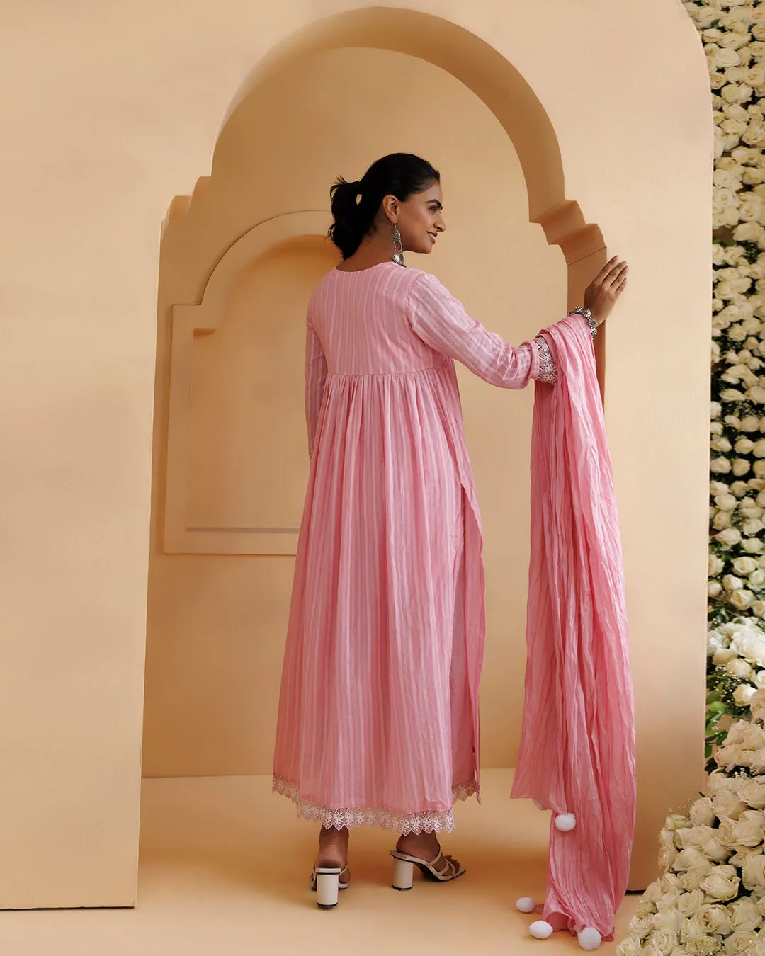 Ghazal Pink Lino Mul Gathered Lace Suit Set