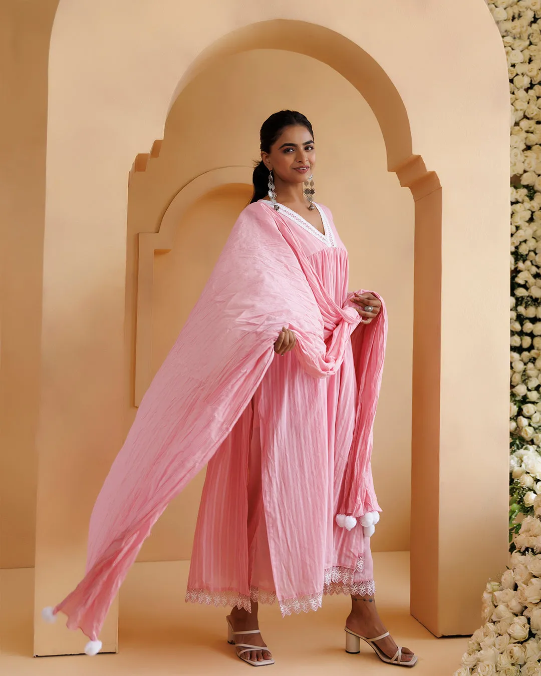 Ghazal Pink Lino Mul Gathered Lace Suit Set