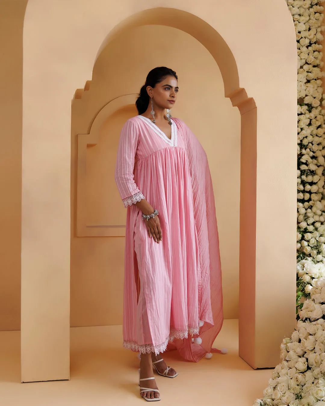 Ghazal Pink Lino Mul Gathered Lace Suit Set